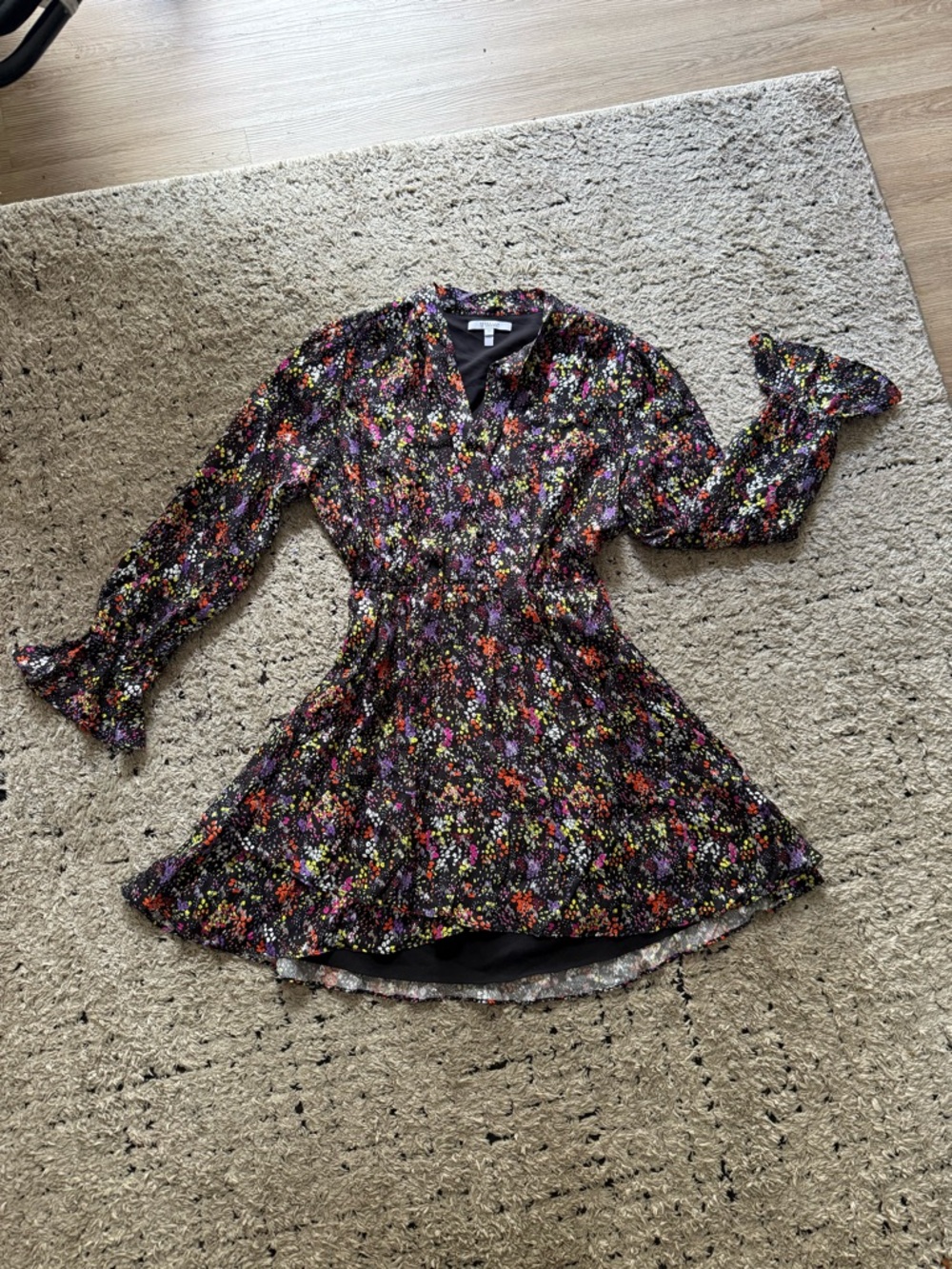 Derek Lam Girls' Black Floral Ruffle-Sleeve Casual Dress